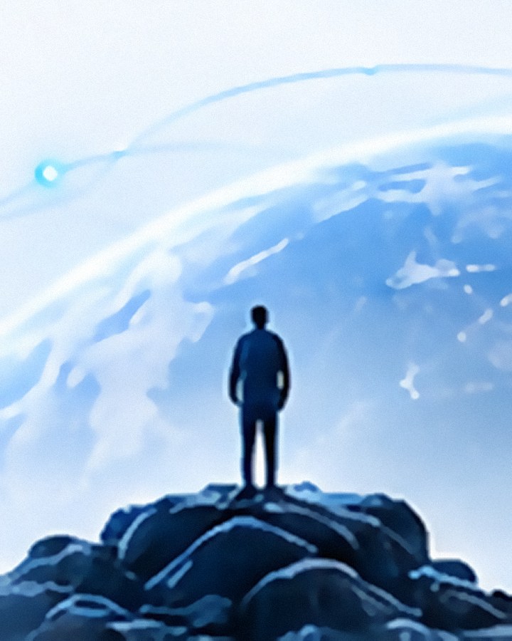 Pessoa de pé sobre uma rocha olhando o horizonte, com o planeta e uma rede de conexões ao fundo