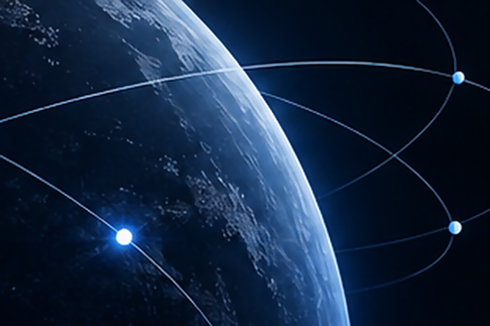 Planeta visto do espaço com órbitas e pontos de conexão luminosos